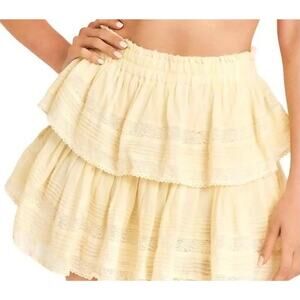 LoveShackFancy Ruffle Mini Skirt Yellow White Tie Dye Lace Boho Tiered L Large.